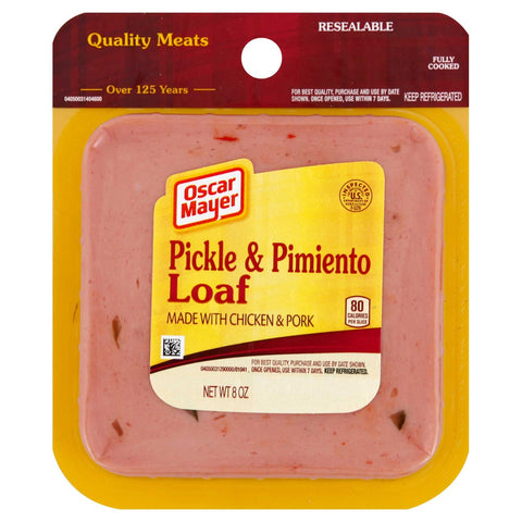 Oscar Mayer Sliced Square Pickle and Pimiento Meat Loaf, 8 Ounce -- 9 per case.