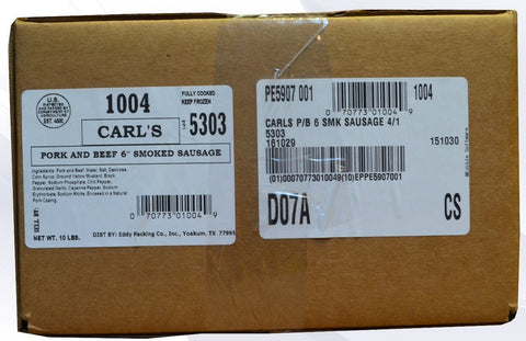 Carls 6 inch Pork and Beef Smoked Sausage, 10 Pound