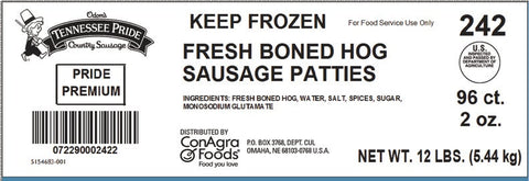 Odoms Tennessee Pride Premium Fresh Sliced Mild Sausage Patty, 2 Ounce -- 96 per case