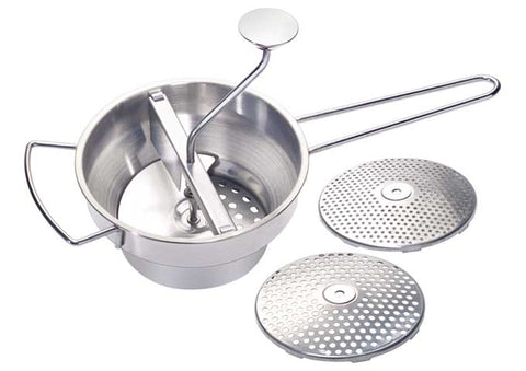 Winco Stainless Steel 2 Quart Food Mill with 3 Graters, 17 1/4 x 8 x 9 inch -- 8 per case