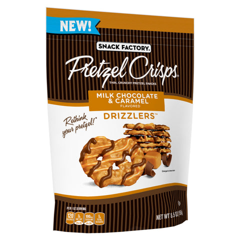 Pretzel Crisps Drizzlers Milk Chocolate Caramel Pretzel Snacks, 5.5 Ounce -- 12 per case.