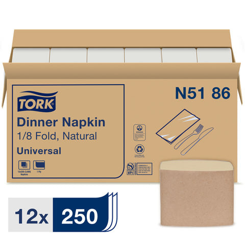 Tork One Ply Natural Universal Dinner Napkin, 15 x 17 inch - 250 per pack -- 12 packs per case