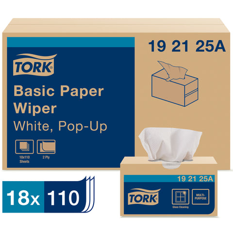Tork Basic WIPER TOWEL POPUP WHITE 2-PLY 9X10