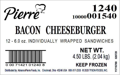 Advance Pierre Jumbo Bacon Cheeseburger, 6 Ounce -- 12 per case.