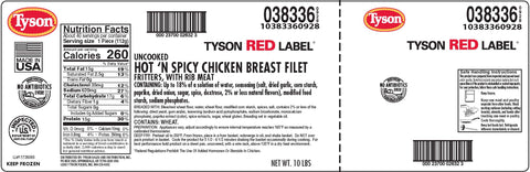 Tyson Red Label Premium Hot N Spicy Uncooked Breaded Chicken Breast Filet, 4 Ounce -- 2 per case.
