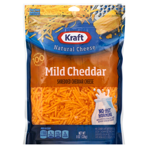 Kraft Zip Pak Shredded Mild Cheddar Cheese, 8 Ounce -- 12 per case.
