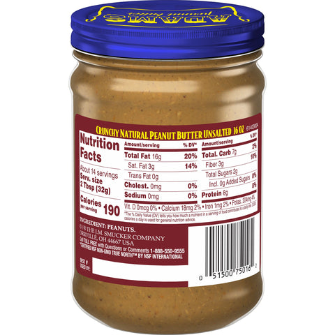 Adams Natural Unsalted Crunchy Peanut Butter, 16 Ounce -- 6 per case.