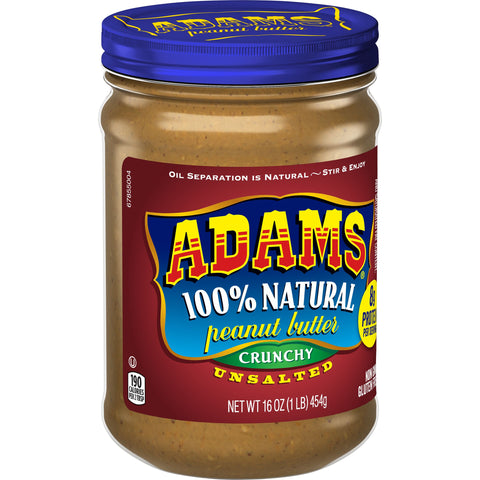 Adams Natural Unsalted Crunchy Peanut Butter, 16 Ounce -- 6 per case.