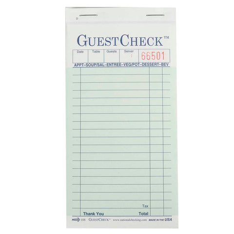 National Checking Company Carbonless Guest Check Paper - 2 Part Green, 19 Line, 3.4 x 6.75 inch -- 2500 per case.