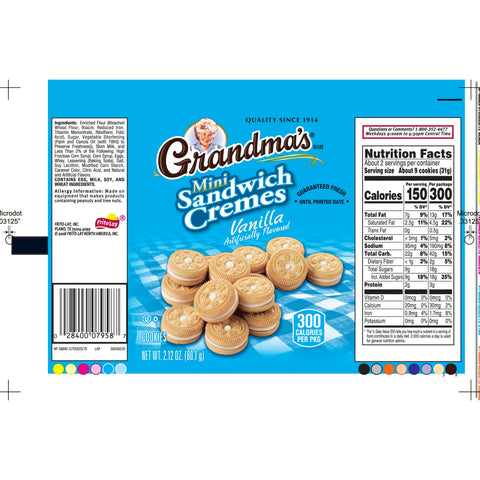 Grandmas Mini Vanilla Creme Sandwich Cookie, 2.12 Ounce -- 60 per case.