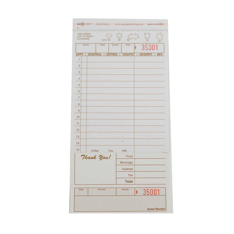 National Checking Company Carbonless Guest Check Board - 2 Part Tan, 15 Line, 4.20 x 8.5 inch -- 2000 per case.
