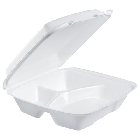 Dart Large 3 Compartment Insulated Non Perforated Foam Hinged Lid Container, 9 3/8 x 9 x 3 inch - 100 count per pack -- 2 packs per case