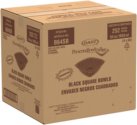 PresentaBowls Pro® BOWL PLASTIC SQUARE MICROWAVEABLE BLACK 64 OZ