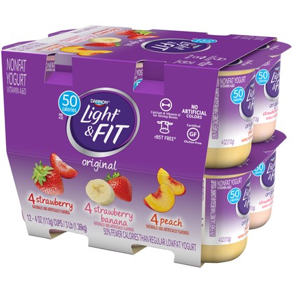Dannon Light and Fit Strawberry, Strawberry Banana and Peach Yogurt , 4 Ounce -- 48 per case.